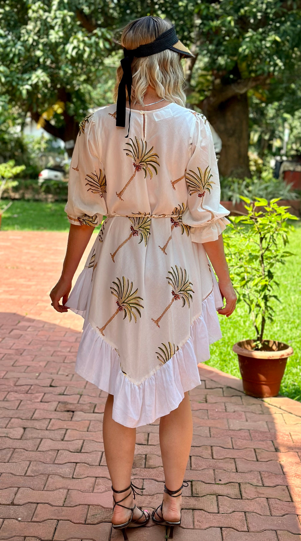 White Cotton Round Neck Asymmetric Palm Print Dress