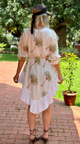 White Cotton Round Neck Asymmetric Palm Print Dress