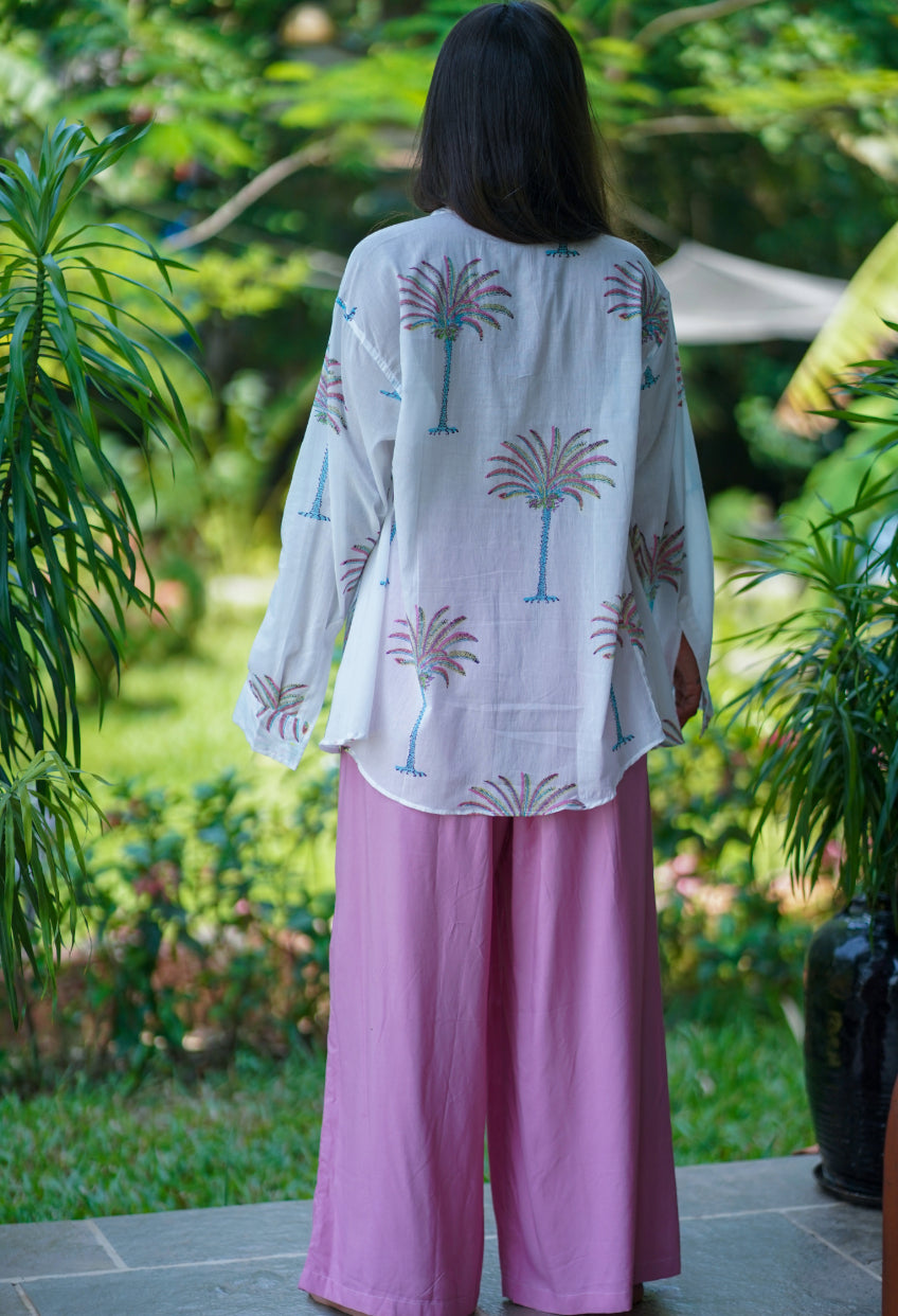White Cotton Tropical Print Shirt