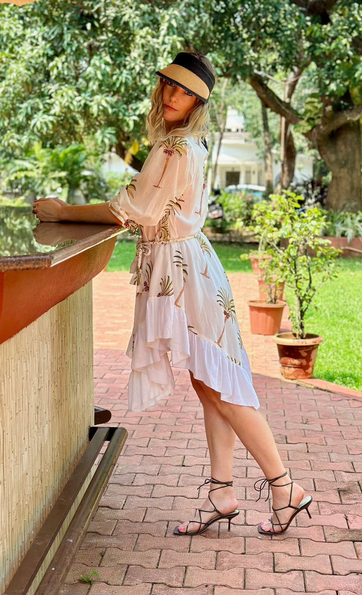 White Cotton Round Neck Asymmetric Palm Print Dress