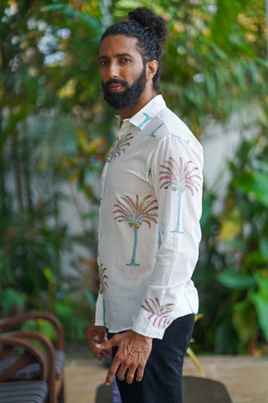 White Cotton Tropical Print Shirt