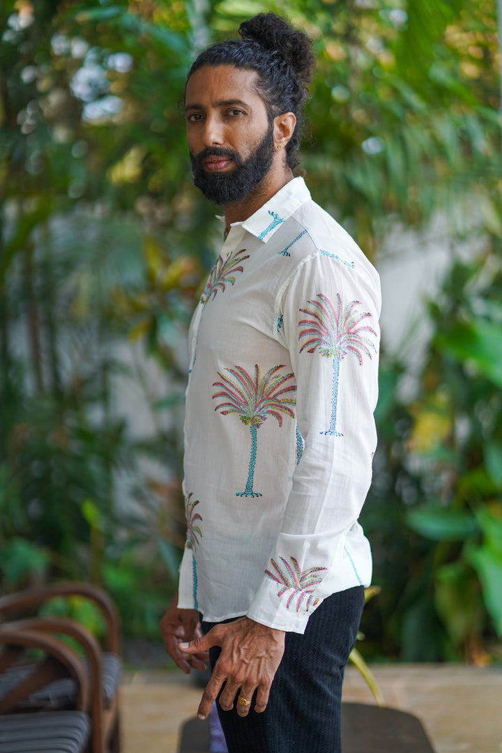 White Cotton Tropical Print Shirt