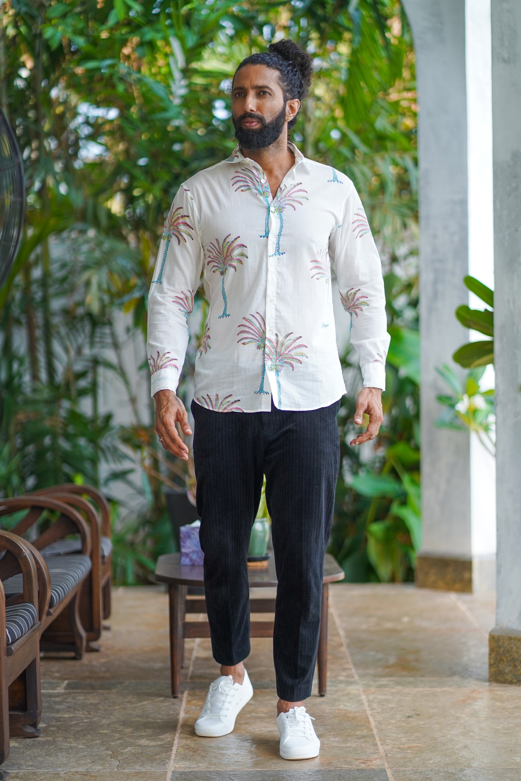 White Cotton Tropical Print Shirt