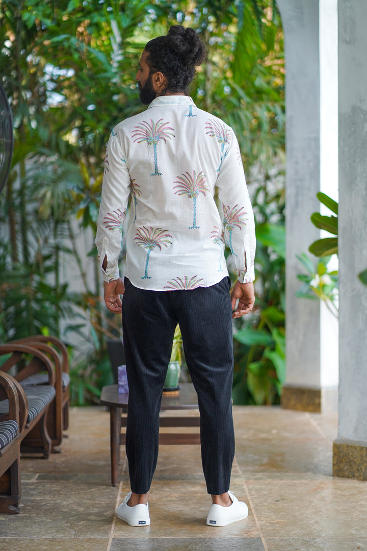 White Cotton Tropical Print Shirt