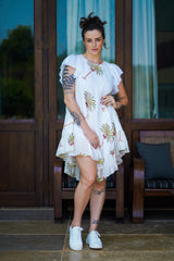 White Cotton Round Neck Palm Print Asymmetric Dress