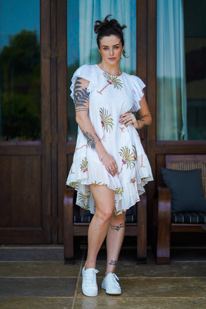 White Cotton Round Neck Palm Print Asymmetric Dress