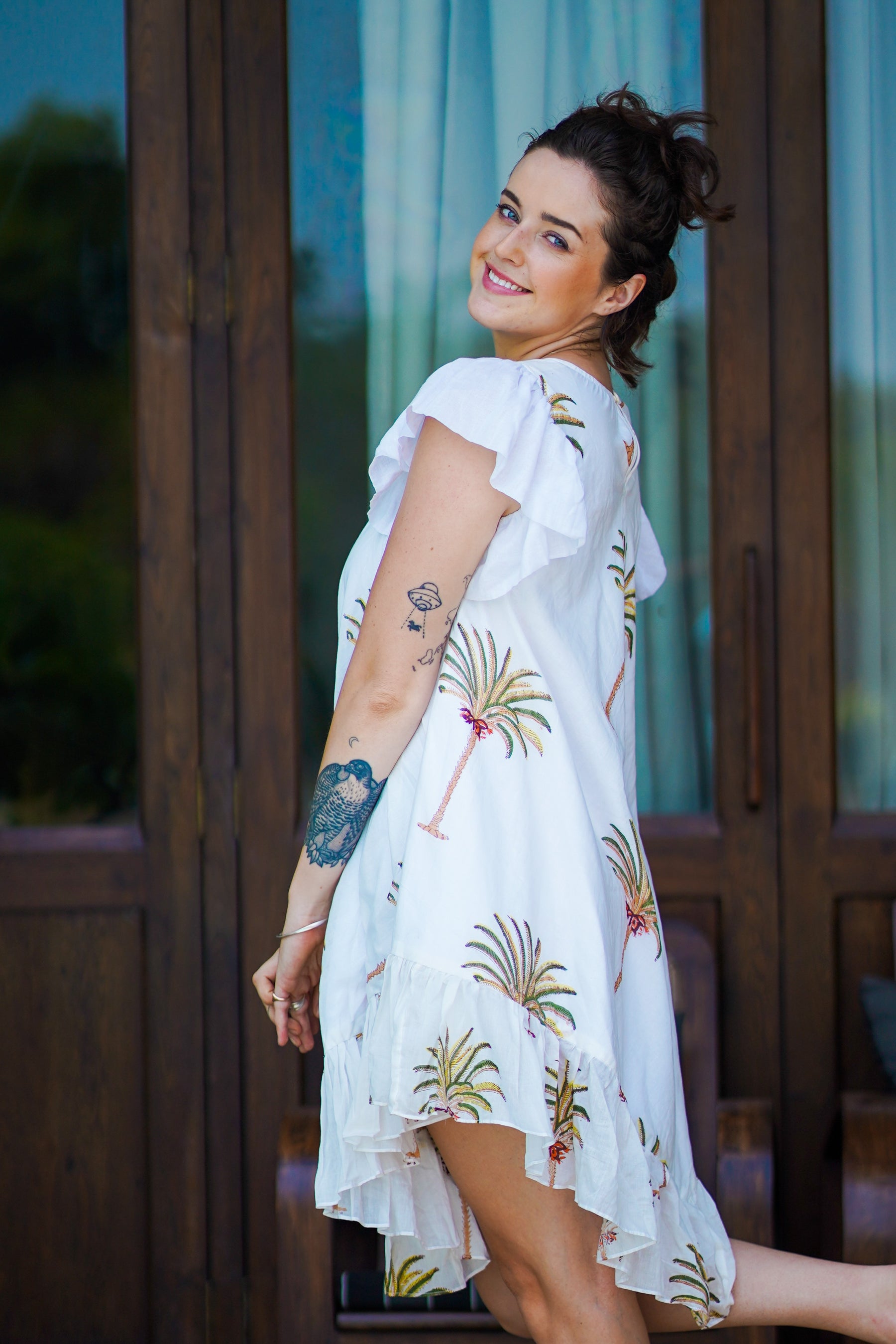 White Cotton Round Neck Palm Print Asymmetric Dress