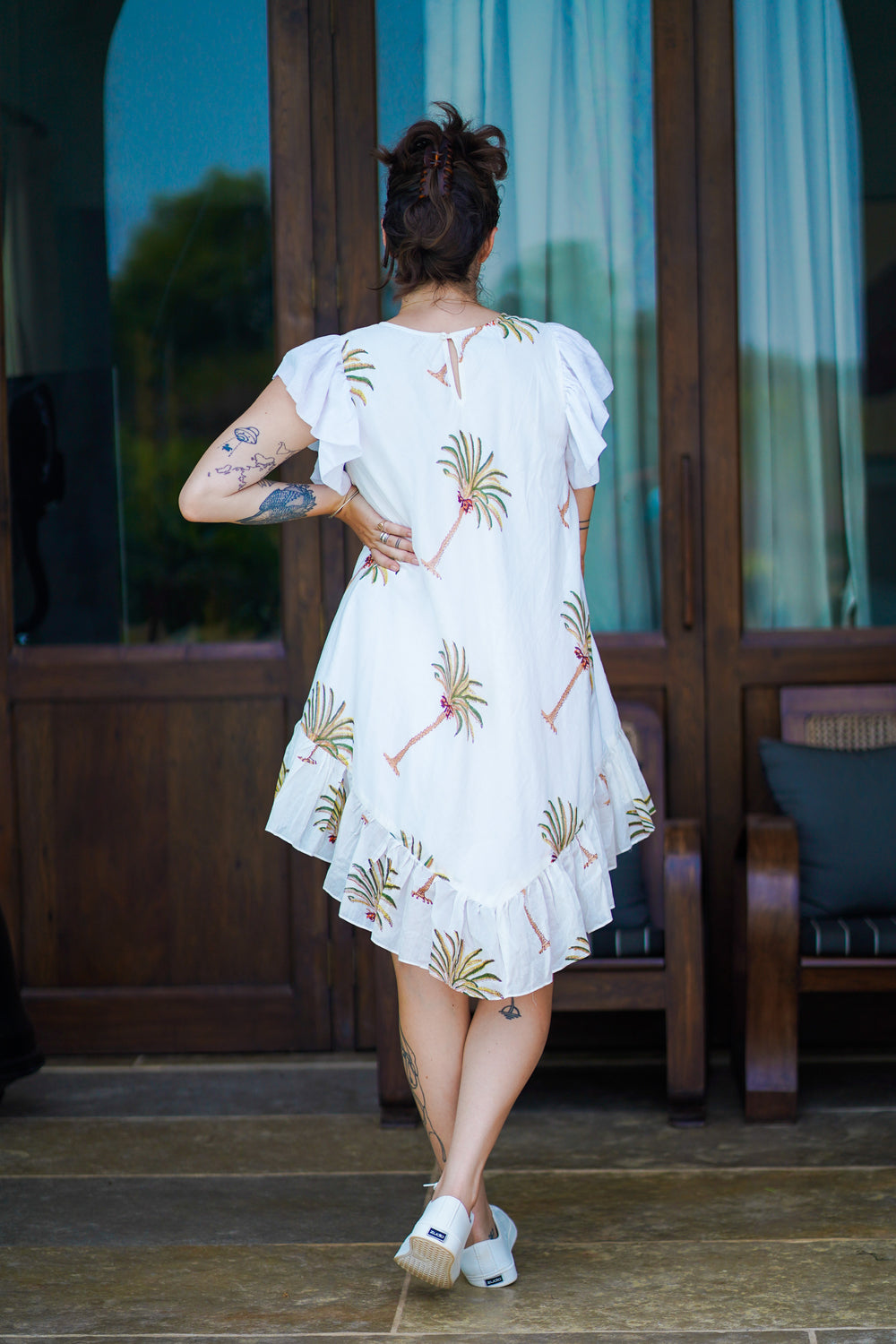 White Cotton Round Neck Palm Print Asymmetric Dress