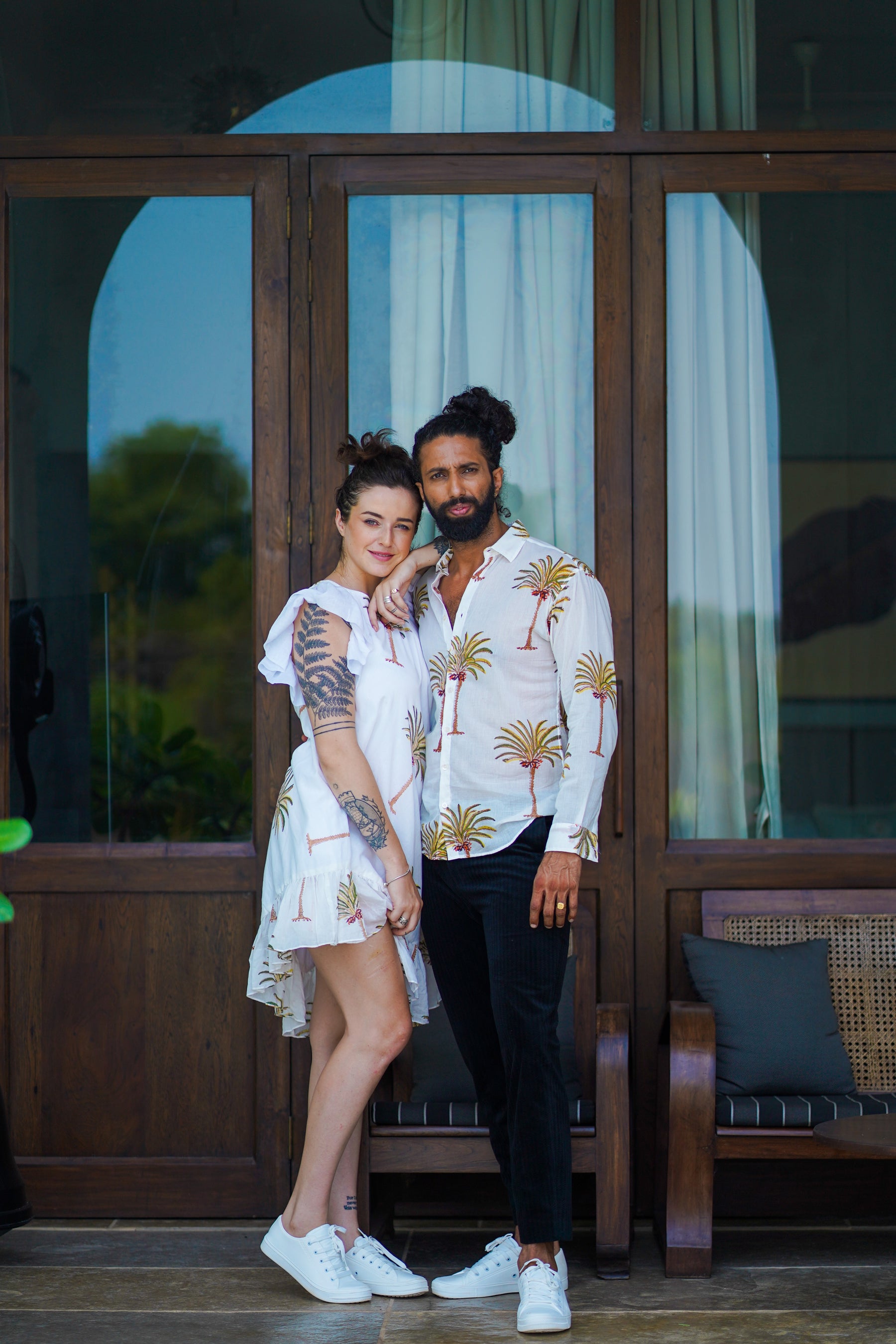 White Cotton Round Neck Palm Print Asymmetric Dress