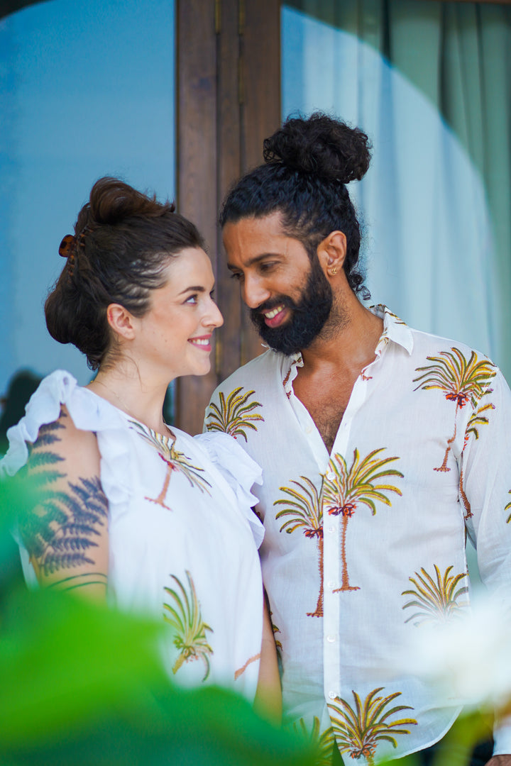 White Cotton Round Neck Palm Print Asymmetric Dress