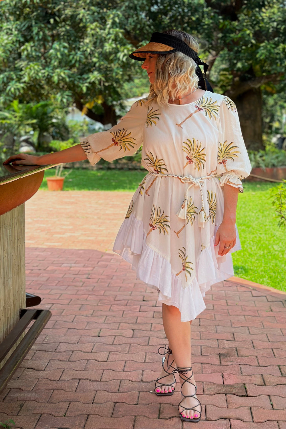 White Cotton Round Neck Asymmetric Palm Print Dress
