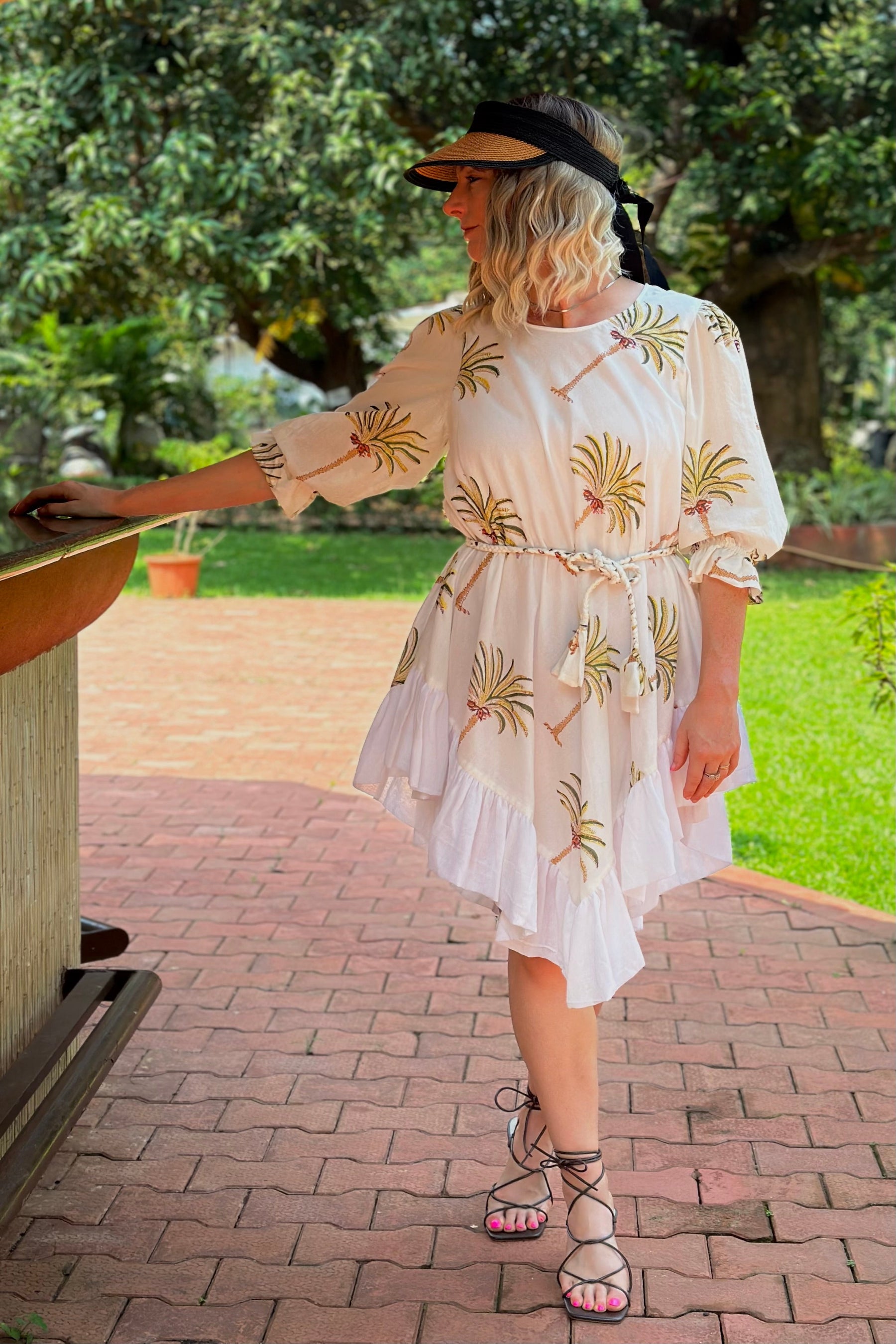 White Cotton Round Neck Asymmetric Palm Print Dress