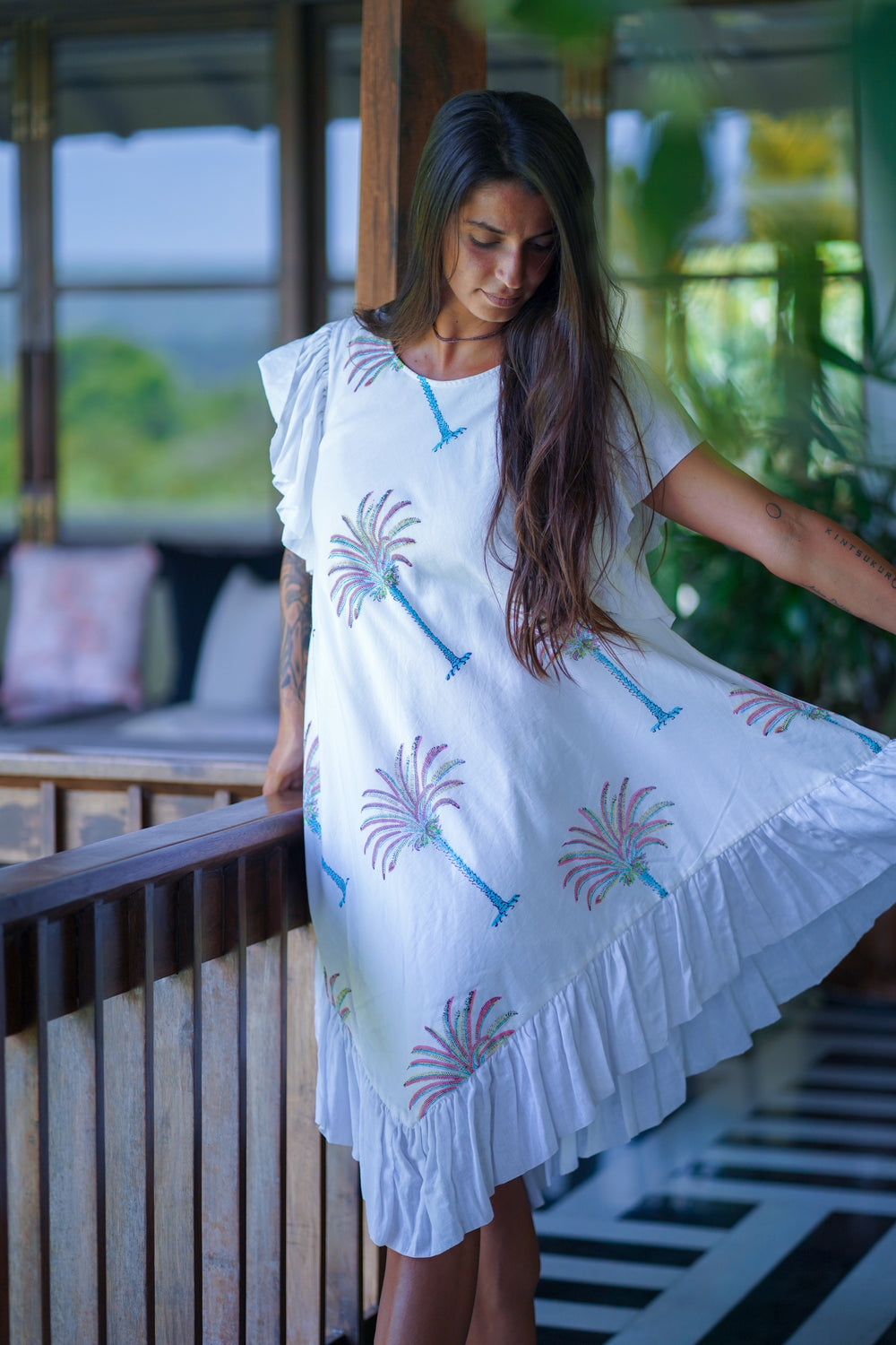 White Cotton Round Neck Palm Tree Print Midi Dress