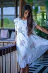 White Cotton Round Neck Palm Tree Print Midi Dress