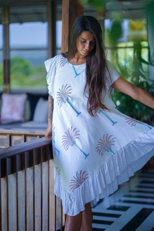 White Cotton Round Neck Palm Tree Print Midi Dress