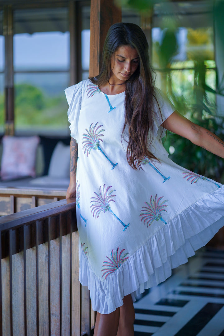 White Cotton Round Neck Palm Tree Print Midi Dress