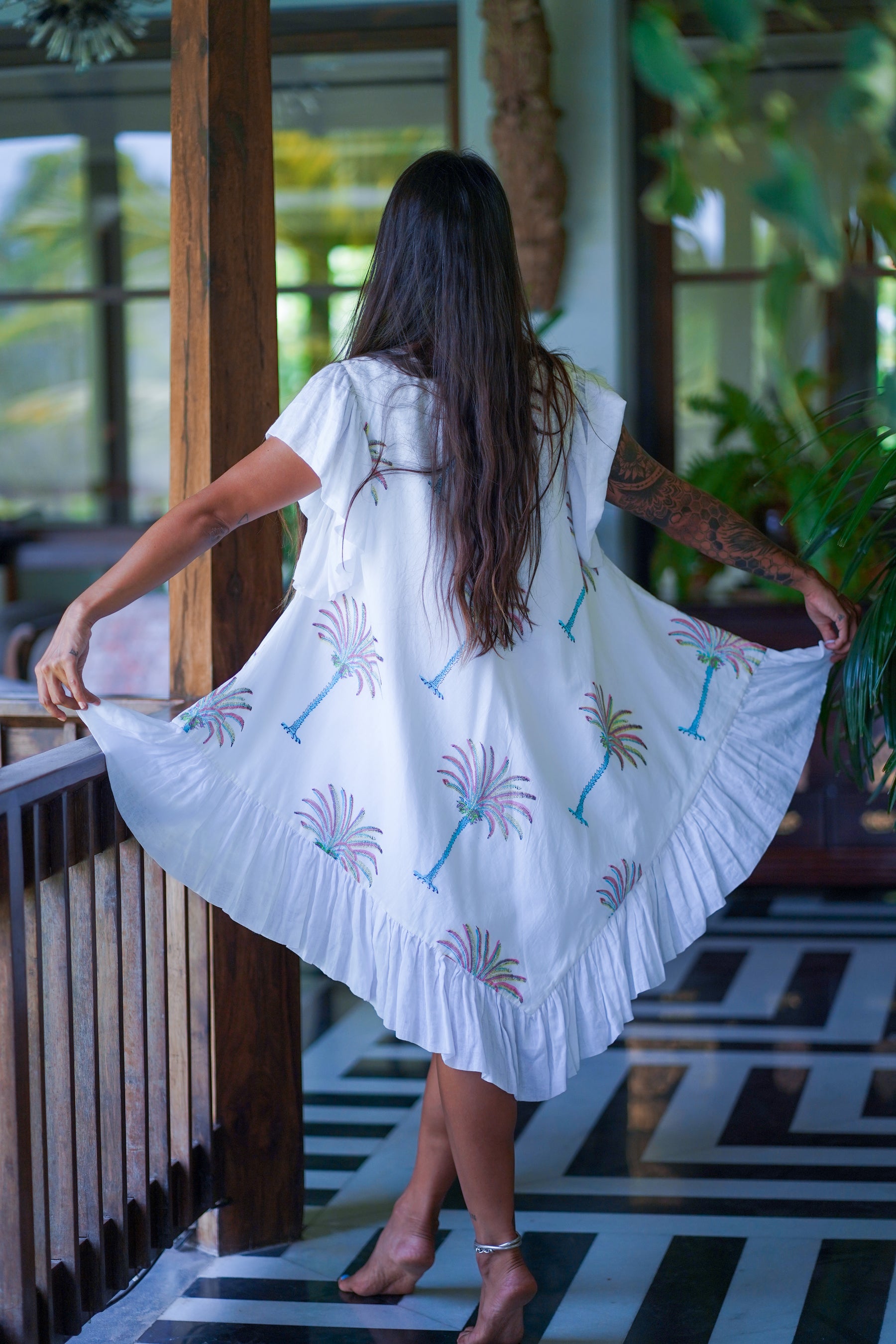 White Cotton Round Neck Palm Tree Print Midi Dress