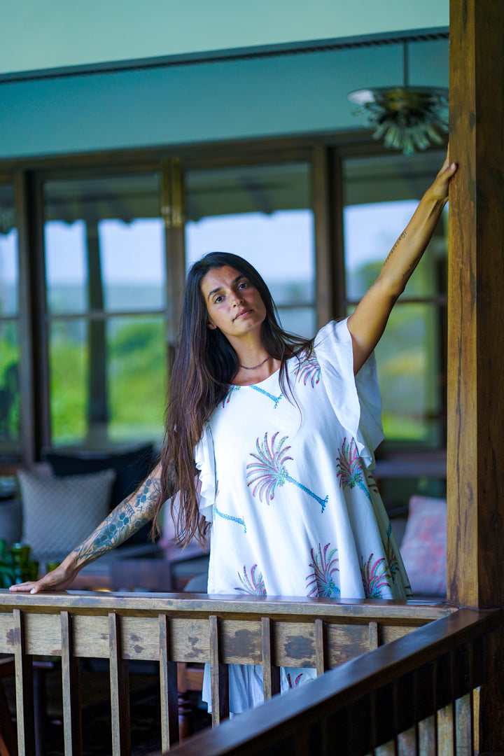 White Cotton Round Neck Palm Tree Print Midi Dress