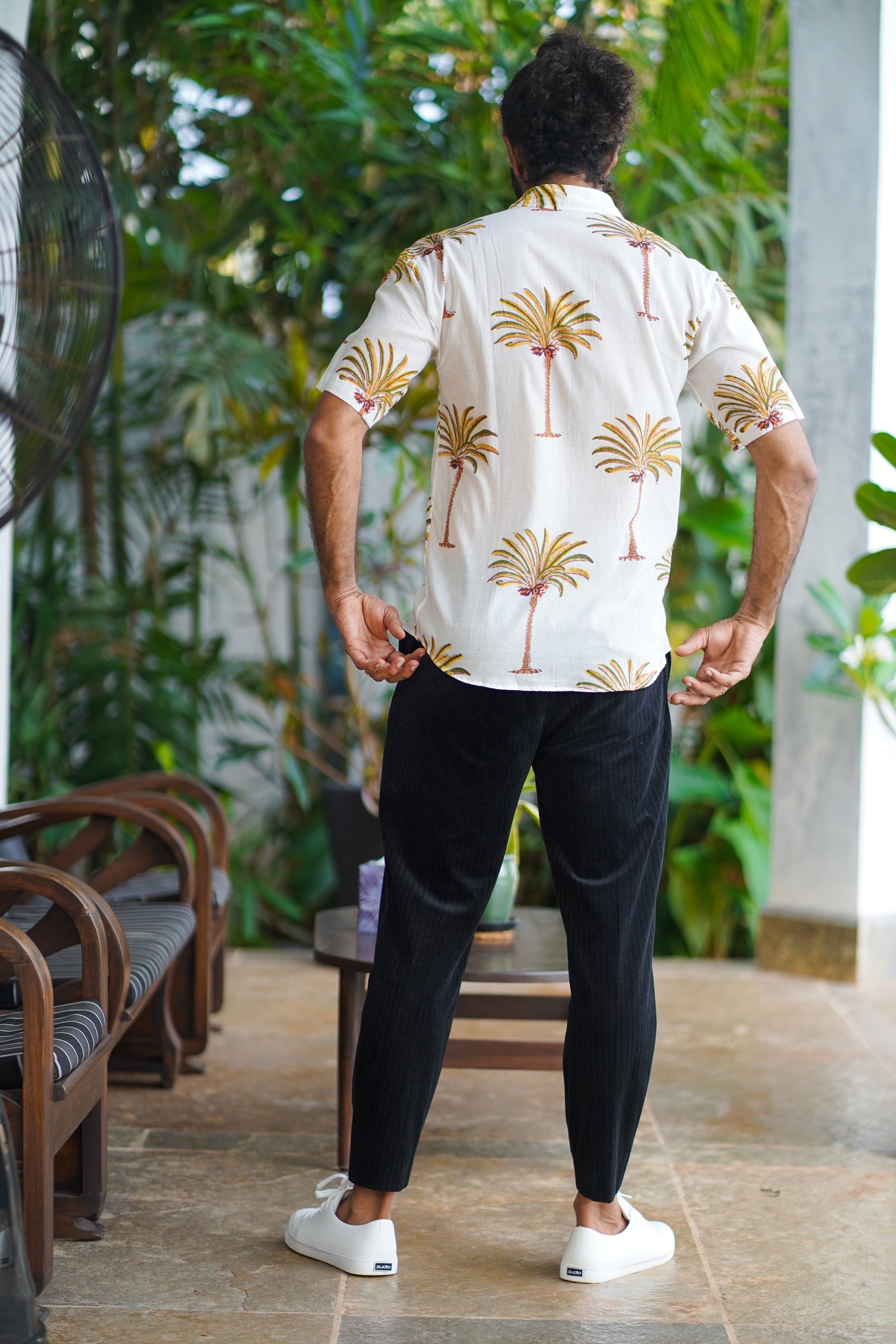 White Cotton Embroidery Palm Print Half Sleeve Shirt