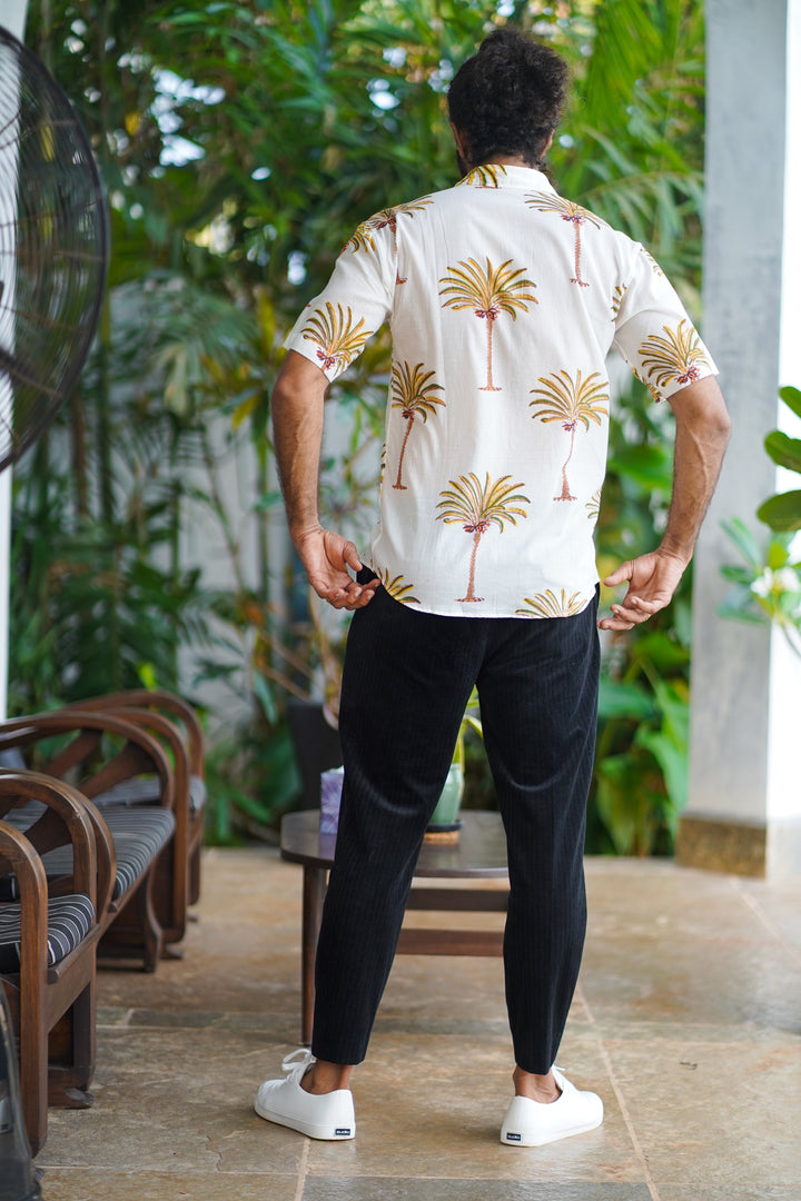White Cotton Embroidery Palm Print Half Sleeve Shirt