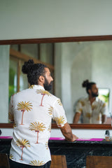 White Cotton Embroidery Palm Print Half Sleeve Shirt