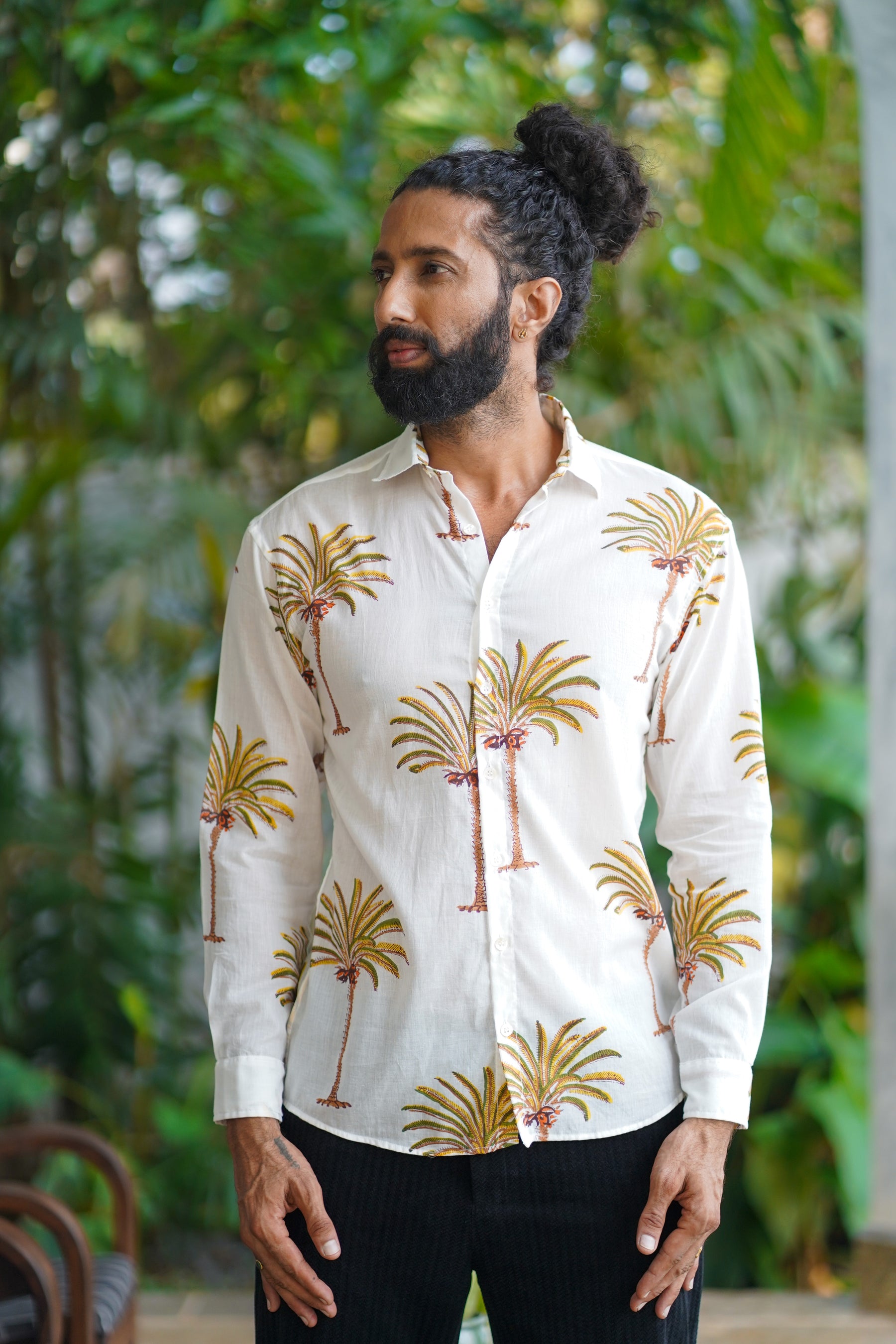 White Cotton Palm Block Print Shirt