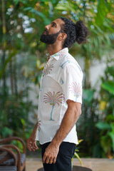 White Cotton Tropical Palm Print Shirt