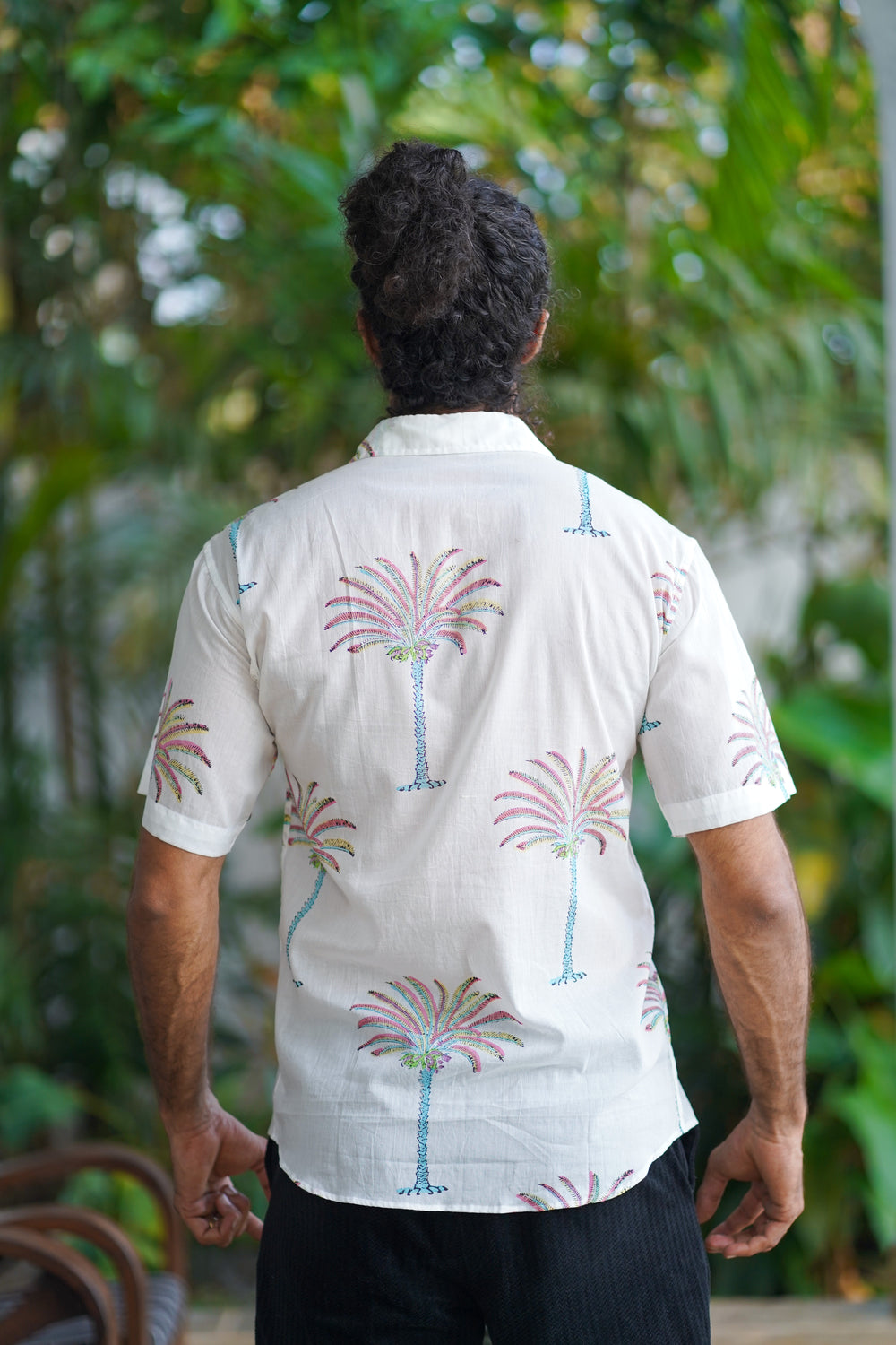 White Cotton Tropical Palm Print Shirt