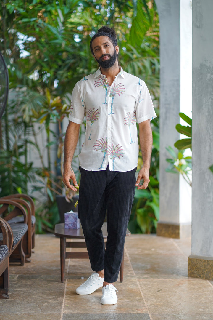 White Cotton Embroidery Tropical Palm Print Shirt