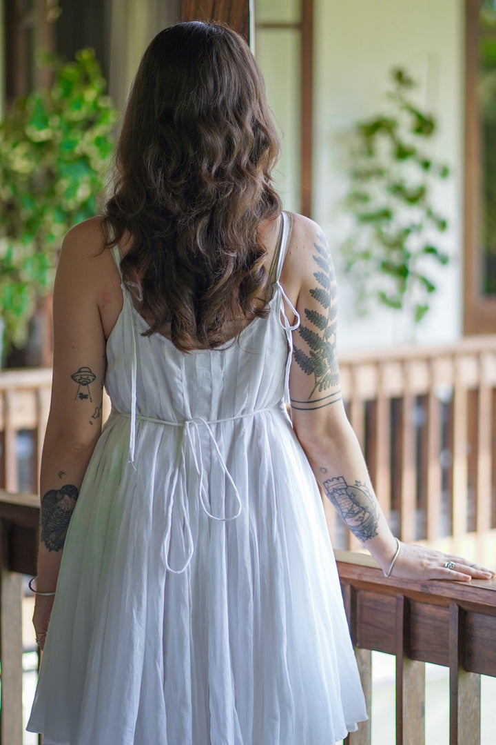 White Cotton Square Neck Pintuck Placement Dress