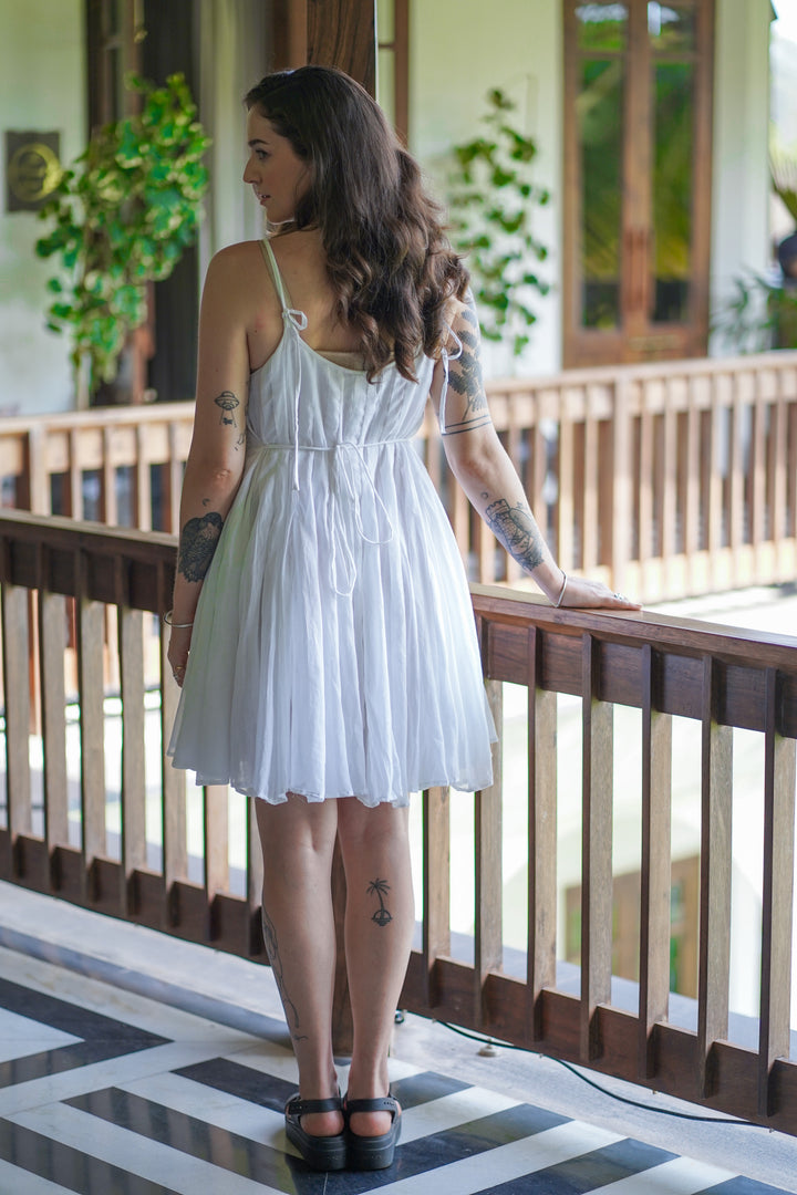 White Cotton Square Neck Pintuck Placement Dress