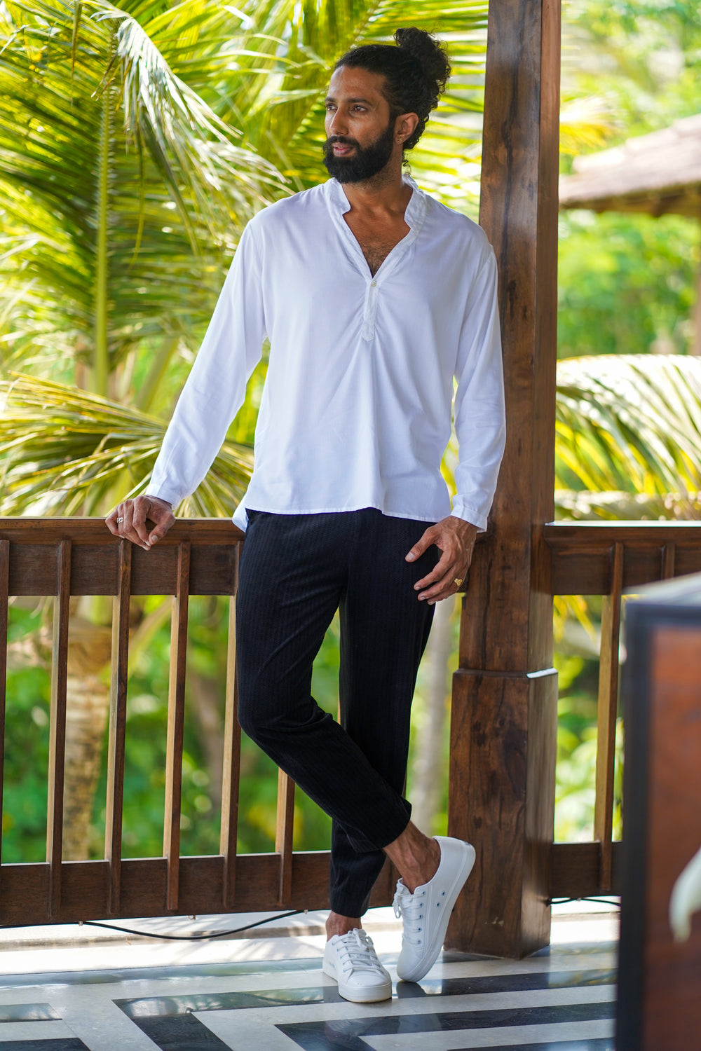 White Rayon V-neck Plain Long Sleeve Kurta Designed Shirt