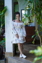 White Cotton Round Neck Asymmetric Palm Print Dress