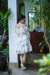 White Cotton Round Neck Asymmetric Palm Print Dress