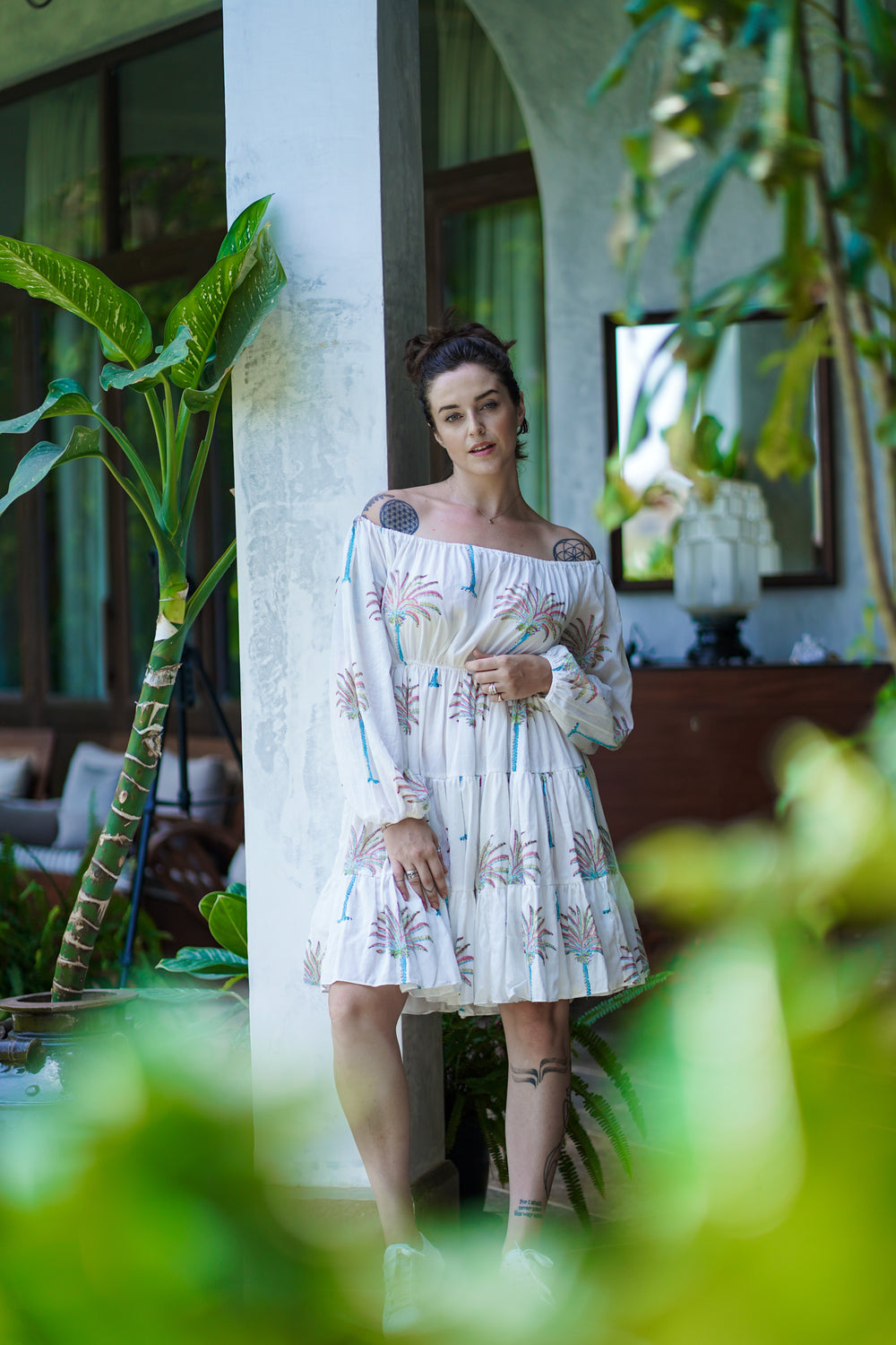 White Cotton Round Neck Asymmetric Palm Print Dress