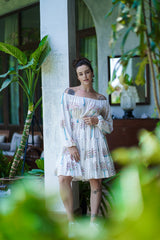 White Cotton Round Neck Asymmetric Palm Print Dress