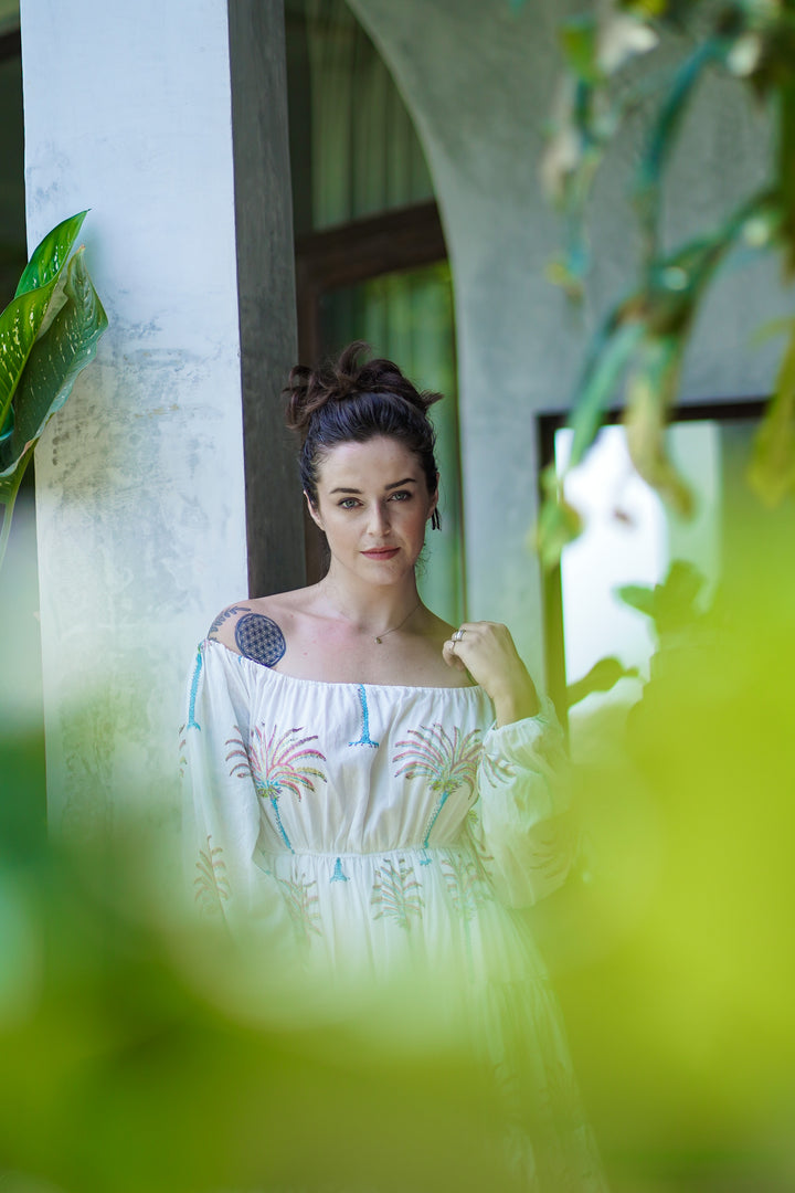 White Cotton Round Neck Asymmetric Palm Print Dress