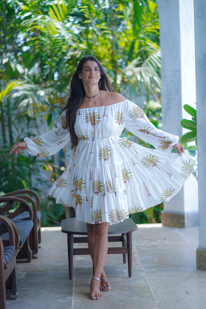 White Cotton Round Neck Asymmetric Palm Print Dress