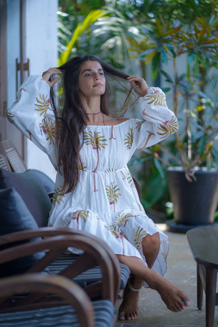 White Cotton Round Neck Asymmetric Palm Print Dress