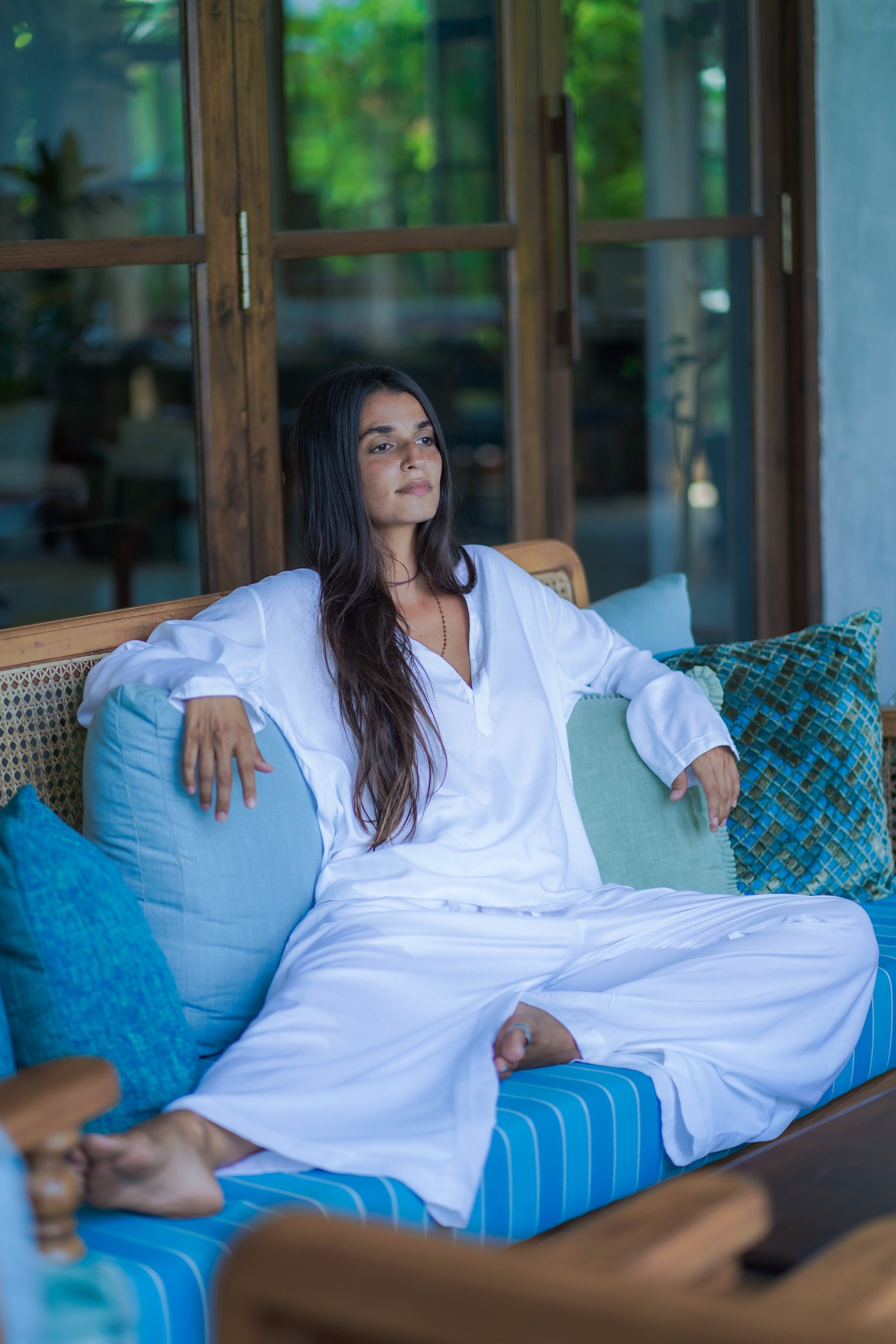 White Rayon V-neck Plain Long Sleeve Kurta Designed Shirt