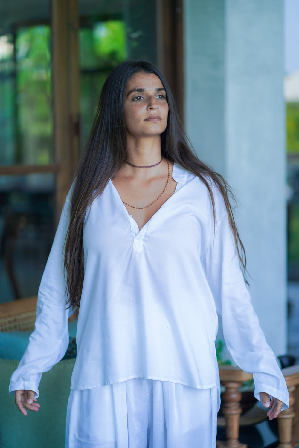 White Rayon V-neck Plain Long Sleeve Kurta Designed Shirt