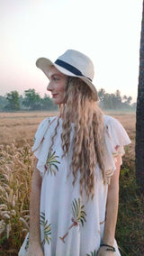 White Cotton Round Neck Palm Print Asymmetric Dress