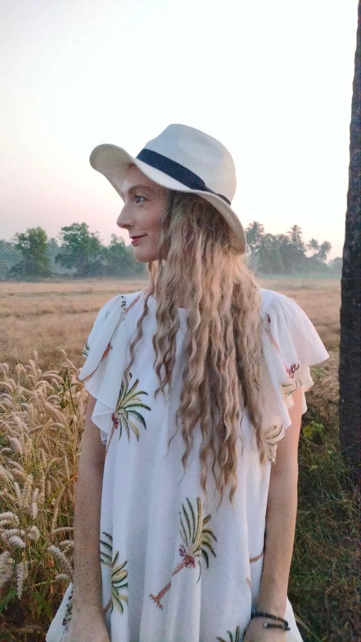 White Cotton Round Neck Palm Print Asymmetric Dress