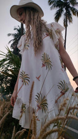 White Cotton Round Neck Palm Print Asymmetric Dress