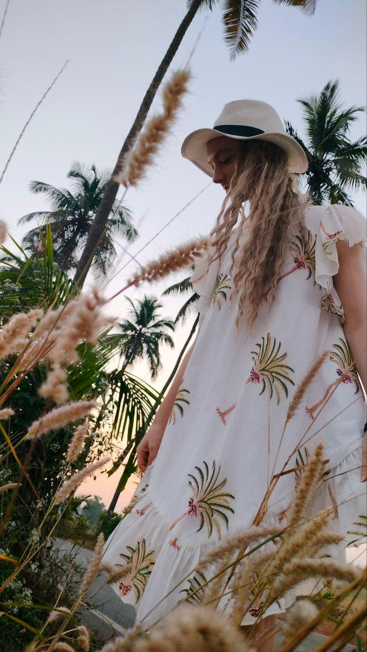 White Cotton Round Neck Palm Print Asymmetric Dress