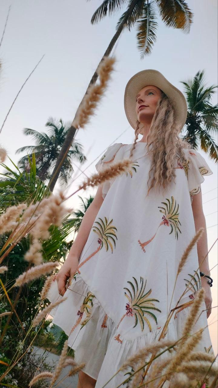 White Cotton Round Neck Palm Print Asymmetric Dress