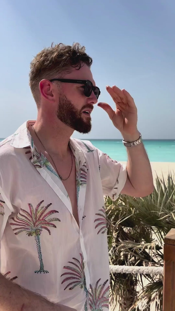 White Cotton Embroidery Tropical Palm Print Shirt